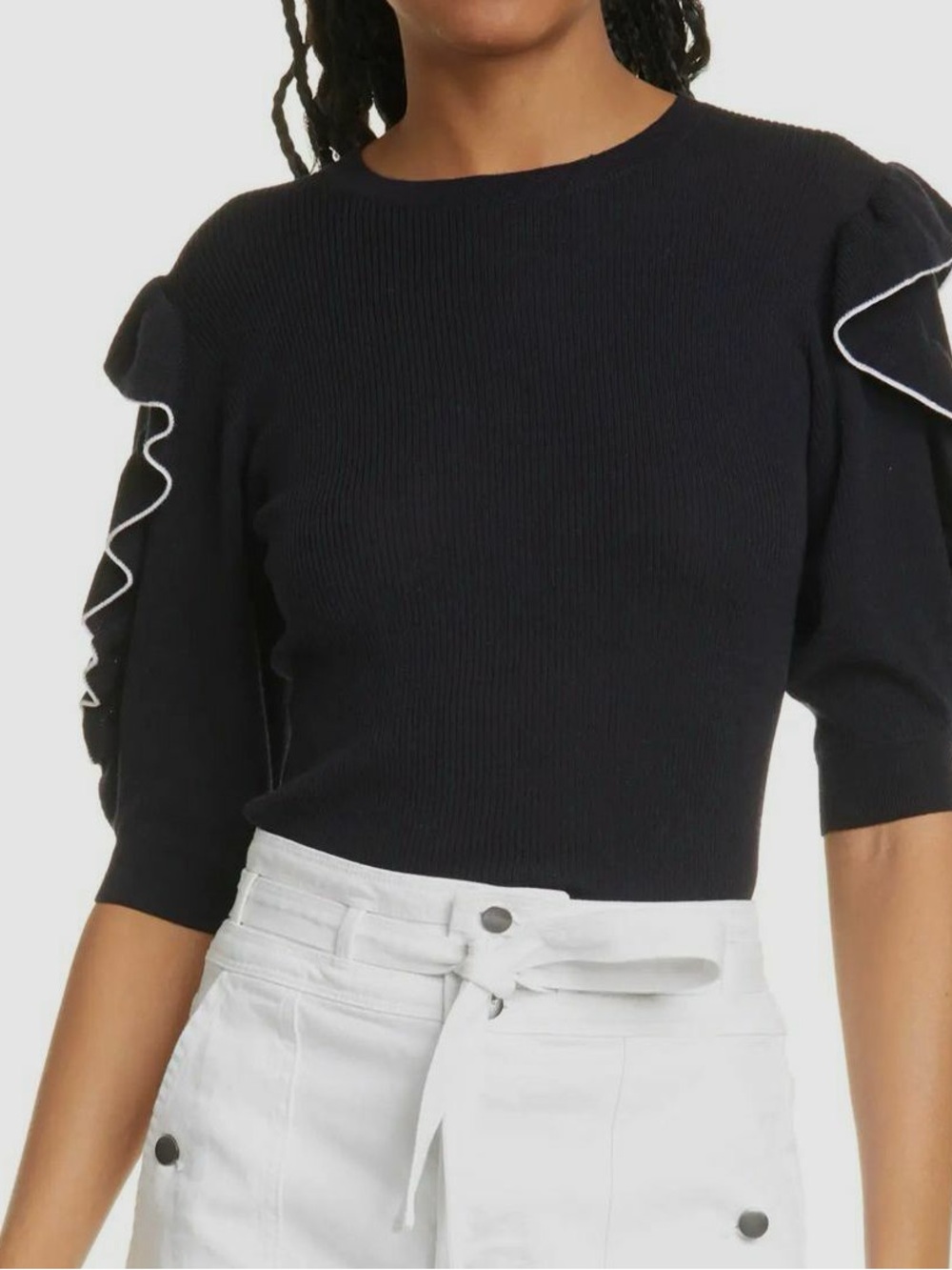 FRAME Ruffled Sleeve Merino Wool Short Sleeve Sweater
